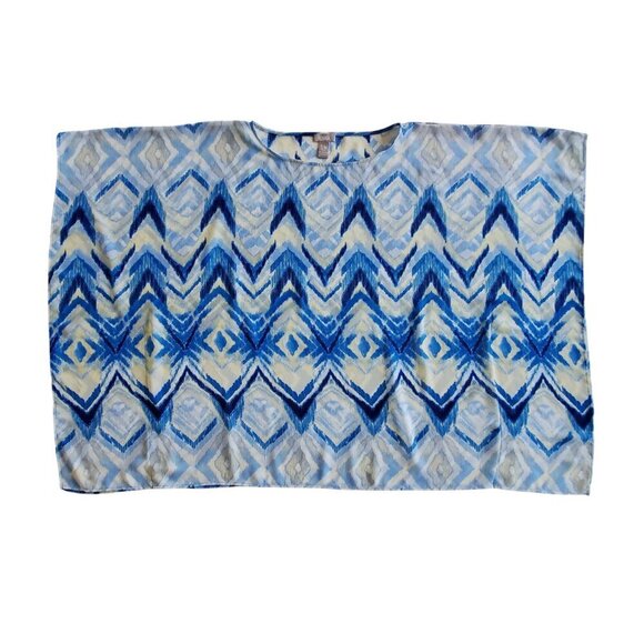 Chico’s Printed Crepe Poncho Top Abstract Tribal Blue Yellow Size Medium - Picture 6 of 12